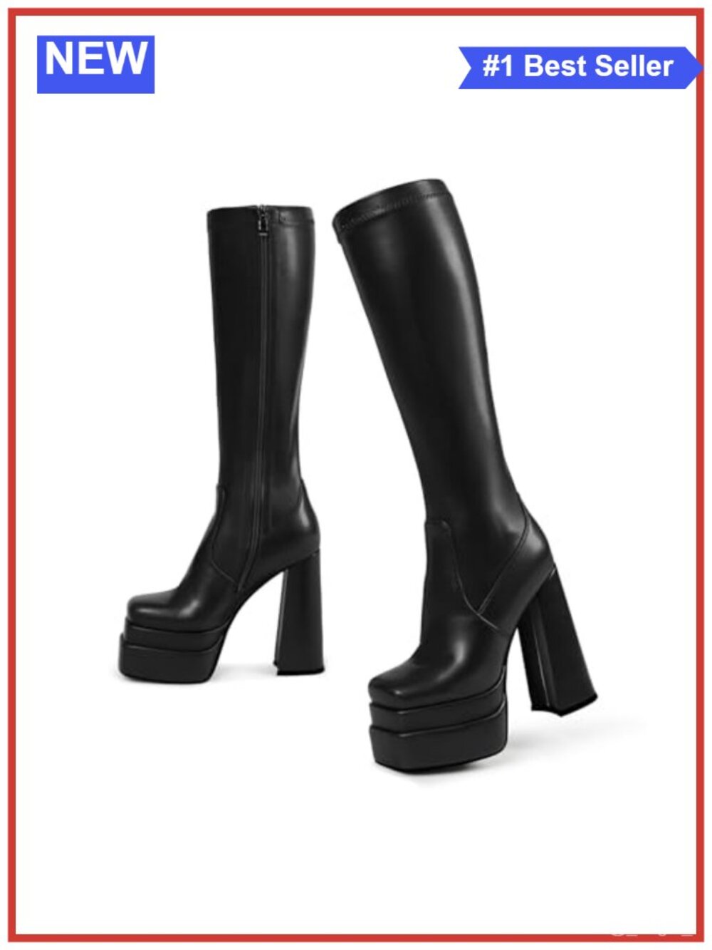 Faux Leather Platform Knee High Boots Square Toe Block Heel Chunky Party Cosplay